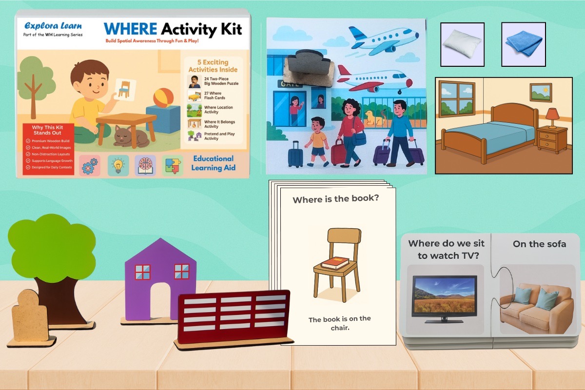 Where Activity Kit with spatial vocabulary puzzles and flashcards