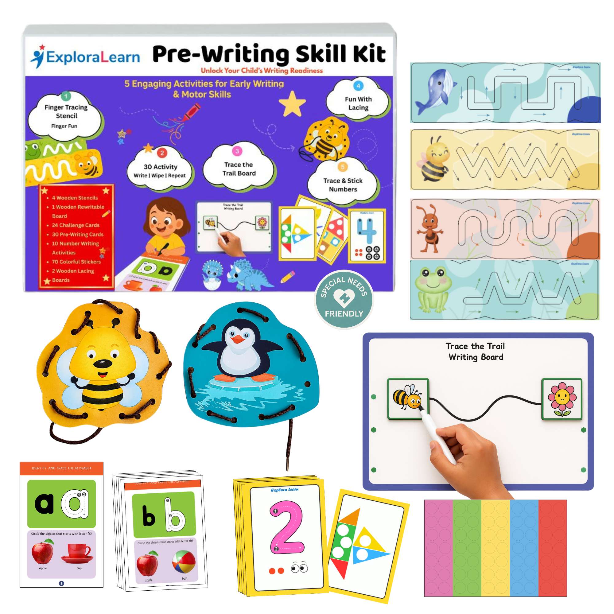 Pre Writing Skill Kit with wooden tracing and lacing boards